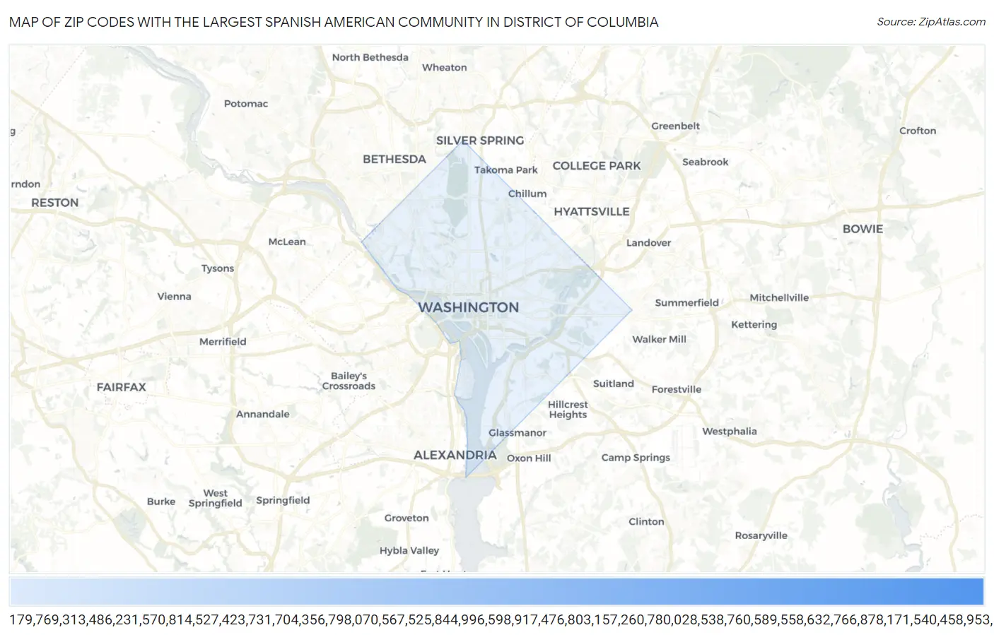 Zip Codes with the Largest Spanish American Community in District Of Columbia Map