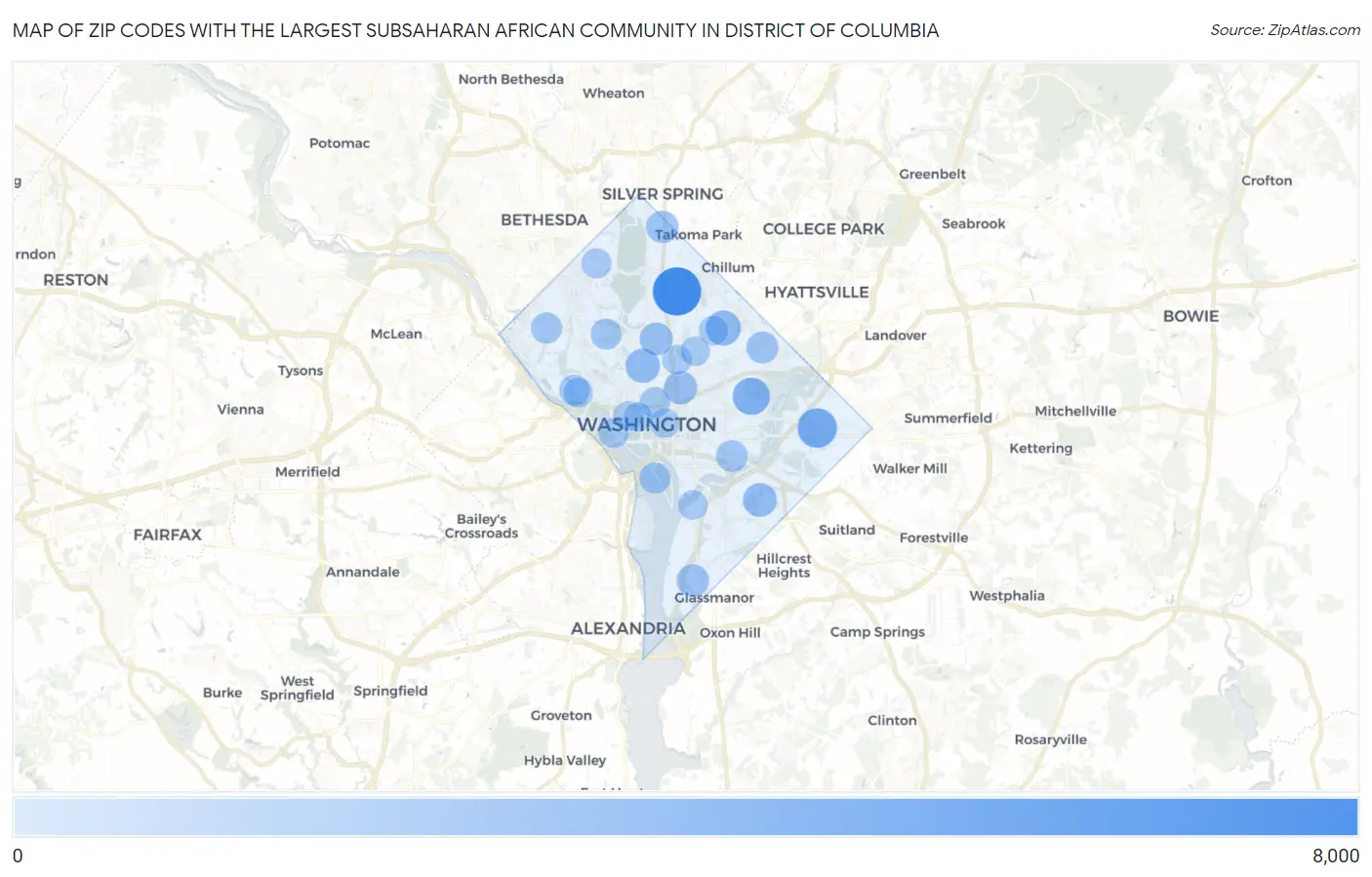 Zip Codes with the Largest Subsaharan African Community in District Of Columbia Map