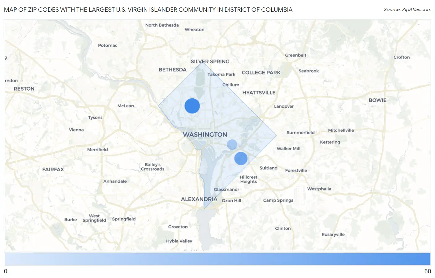 Zip Codes with the Largest U.S. Virgin Islander Community in District Of Columbia Map