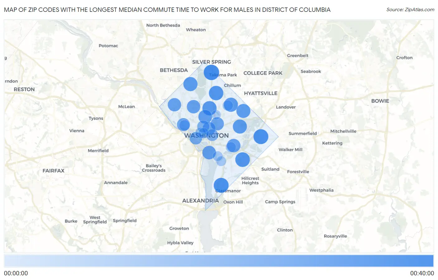 Zip Codes with the Longest Median Commute Time to Work for Males in District Of Columbia Map