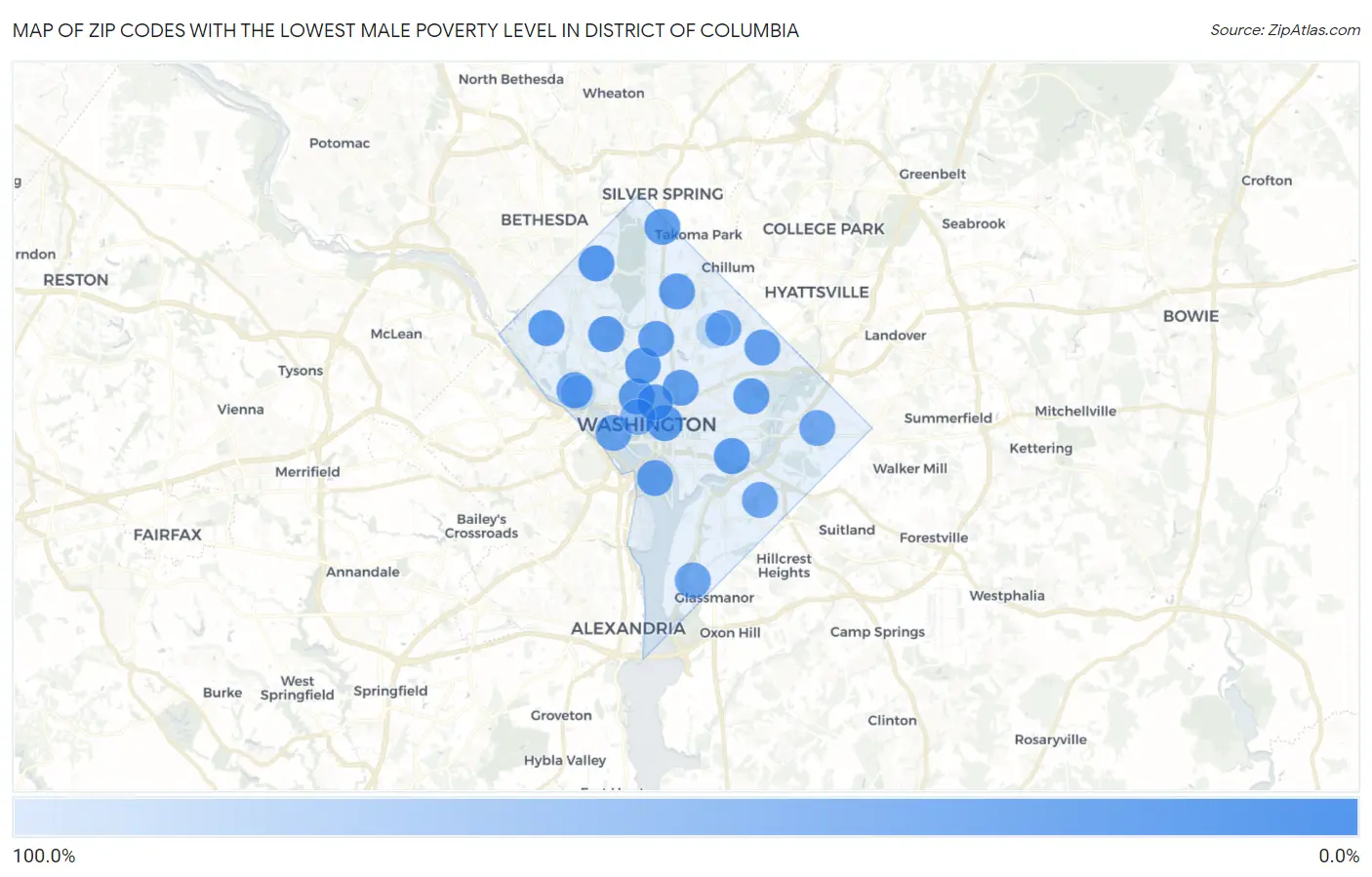 Zip Codes with the Lowest Male Poverty Level in District Of Columbia Map