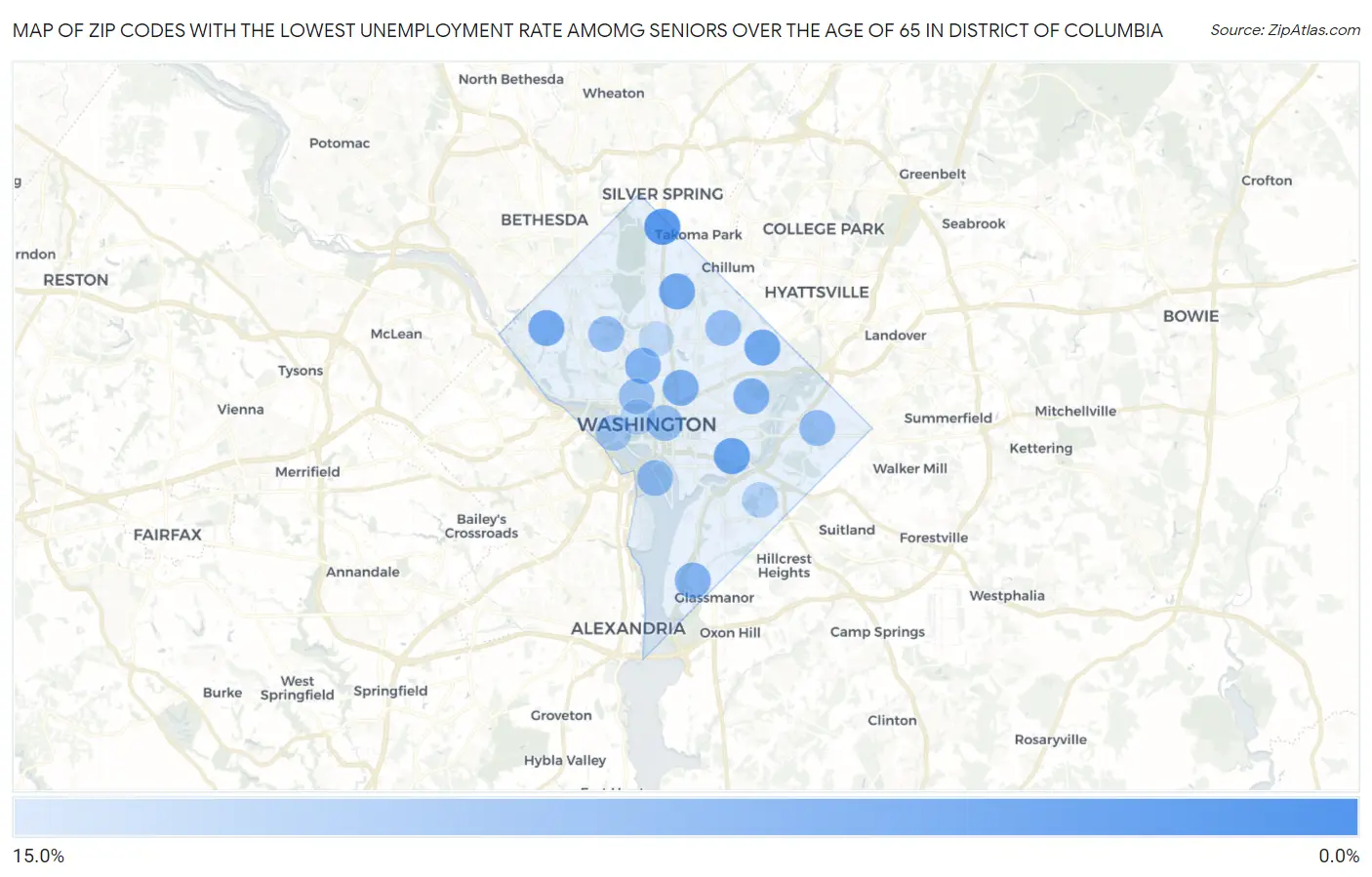 Zip Codes with the Lowest Unemployment Rate Amomg Seniors Over the Age of 65 in District Of Columbia Map