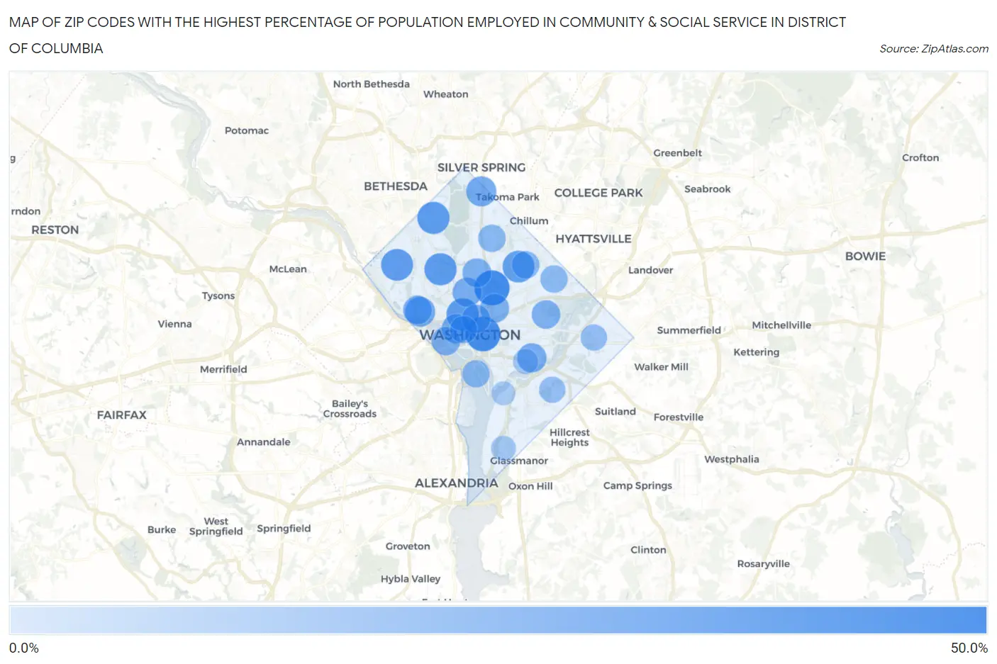 Zip Codes with the Highest Percentage of Population Employed in Community & Social Service  in District Of Columbia Map