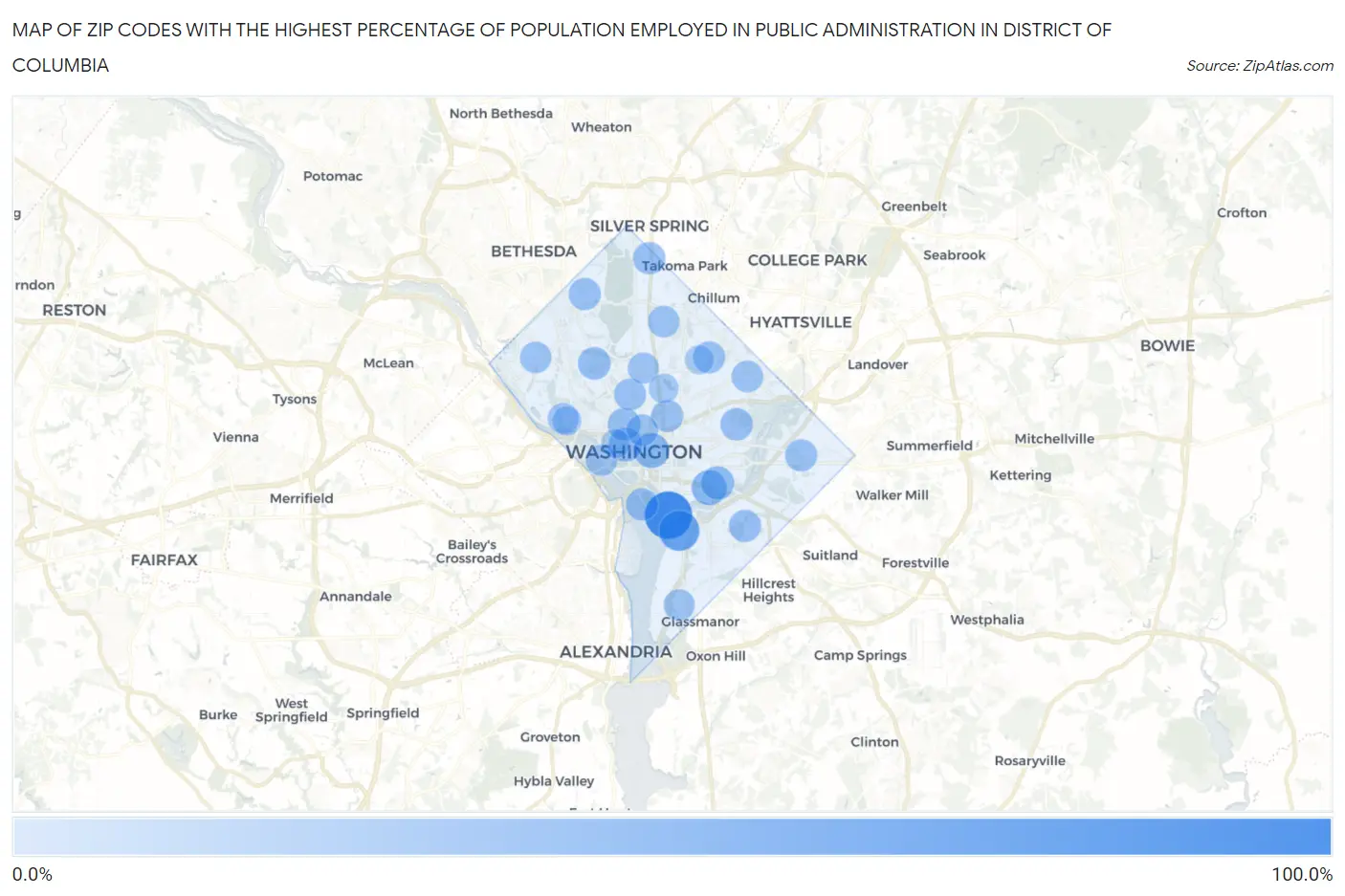 Zip Codes with the Highest Percentage of Population Employed in Public Administration in District Of Columbia Map