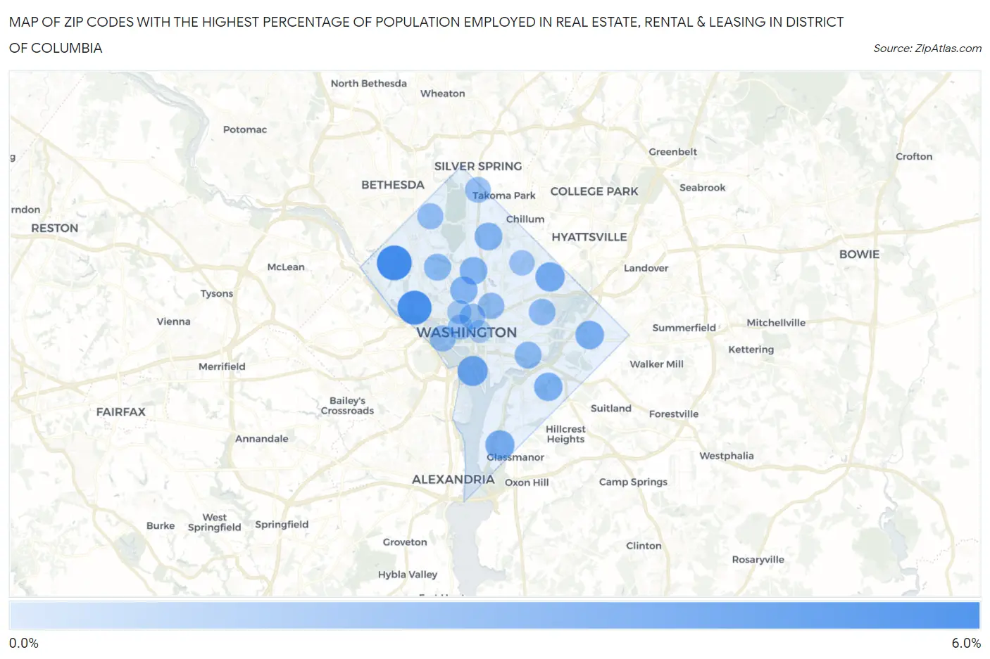 Zip Codes with the Highest Percentage of Population Employed in Real Estate, Rental & Leasing in District Of Columbia Map