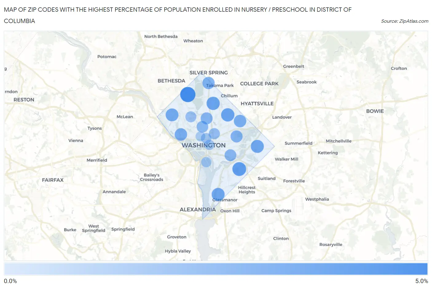 Zip Codes with the Highest Percentage of Population Enrolled in Nursery / Preschool in District Of Columbia Map