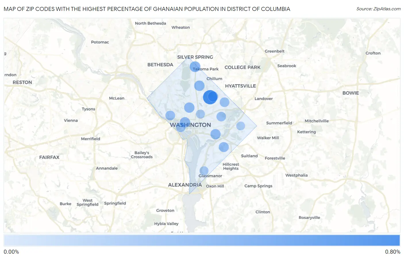 Zip Codes with the Highest Percentage of Ghanaian Population in District Of Columbia Map
