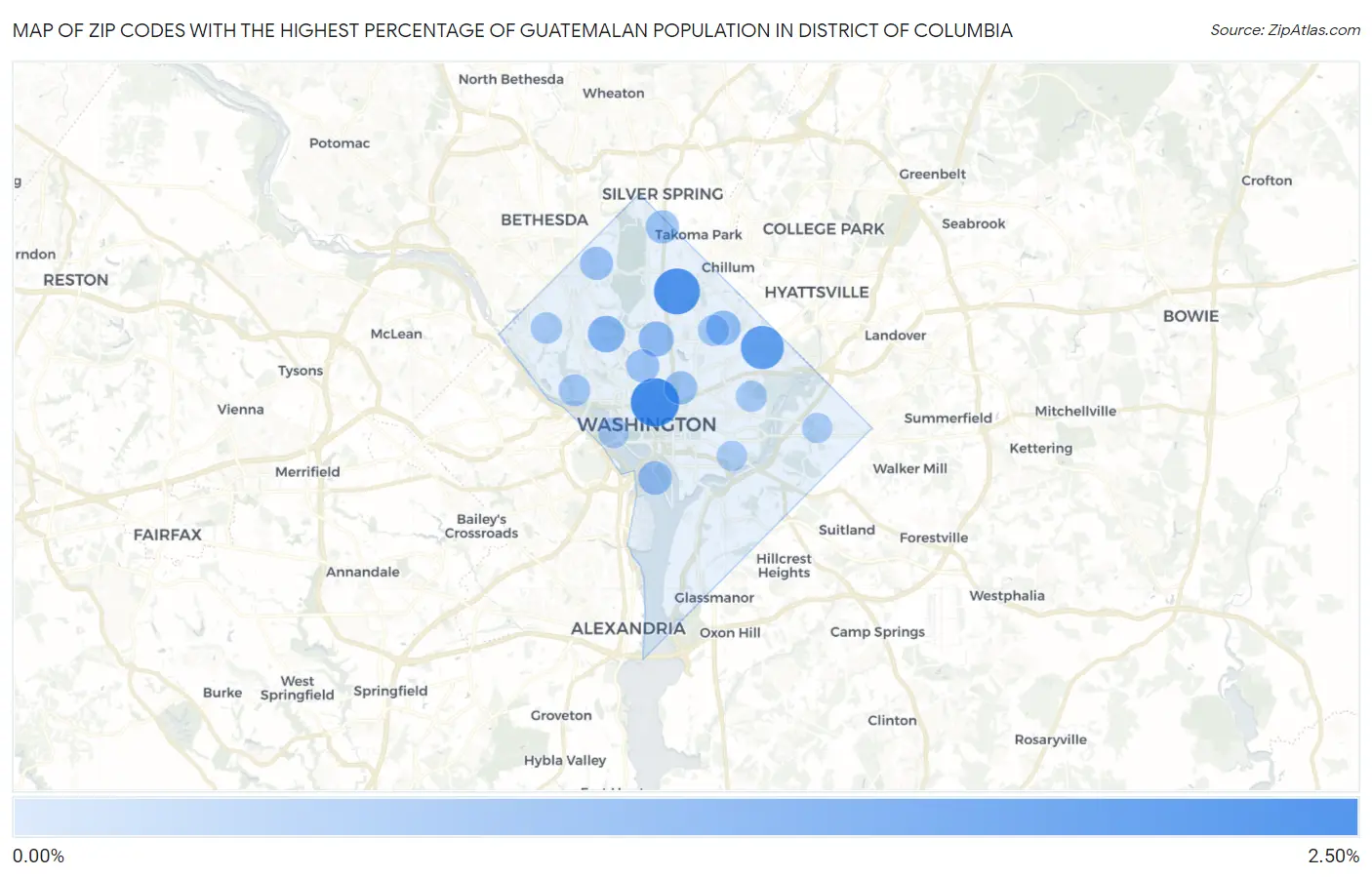 Zip Codes with the Highest Percentage of Guatemalan Population in District Of Columbia Map
