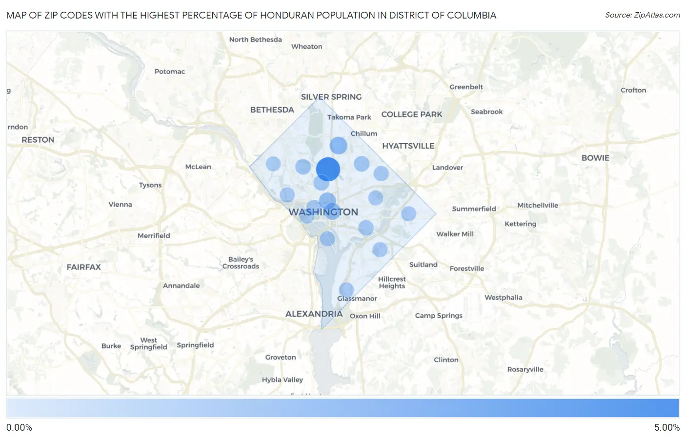 Zip Codes with the Highest Percentage of Honduran Population in District Of Columbia Map