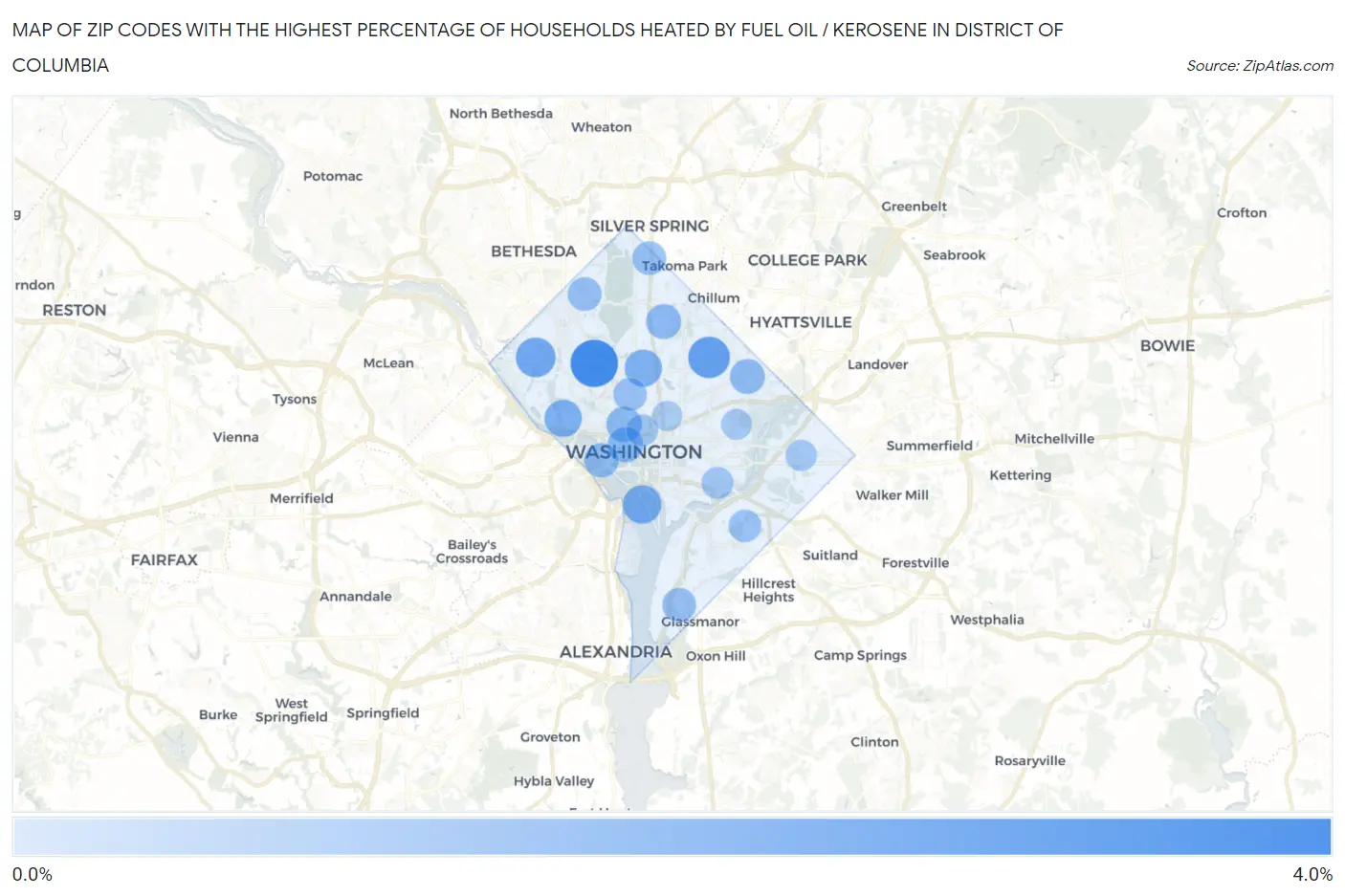 Zip Codes with the Highest Percentage of Households Heated by Fuel Oil / Kerosene in District Of Columbia Map