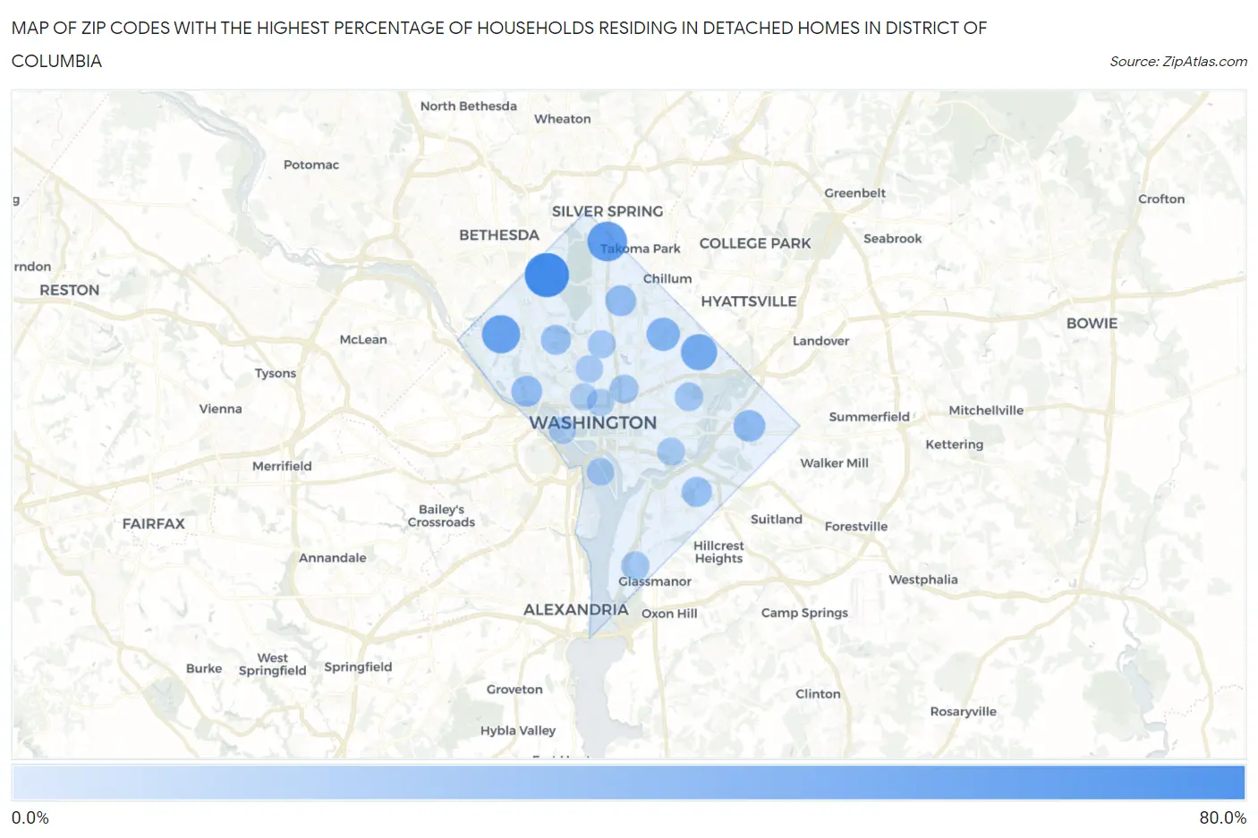 Zip Codes with the Highest Percentage of Households Residing in Detached Homes in District Of Columbia Map