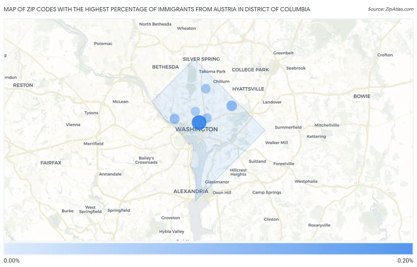 Zip Codes with the Highest Percentage of Immigrants from Austria in District Of Columbia Map