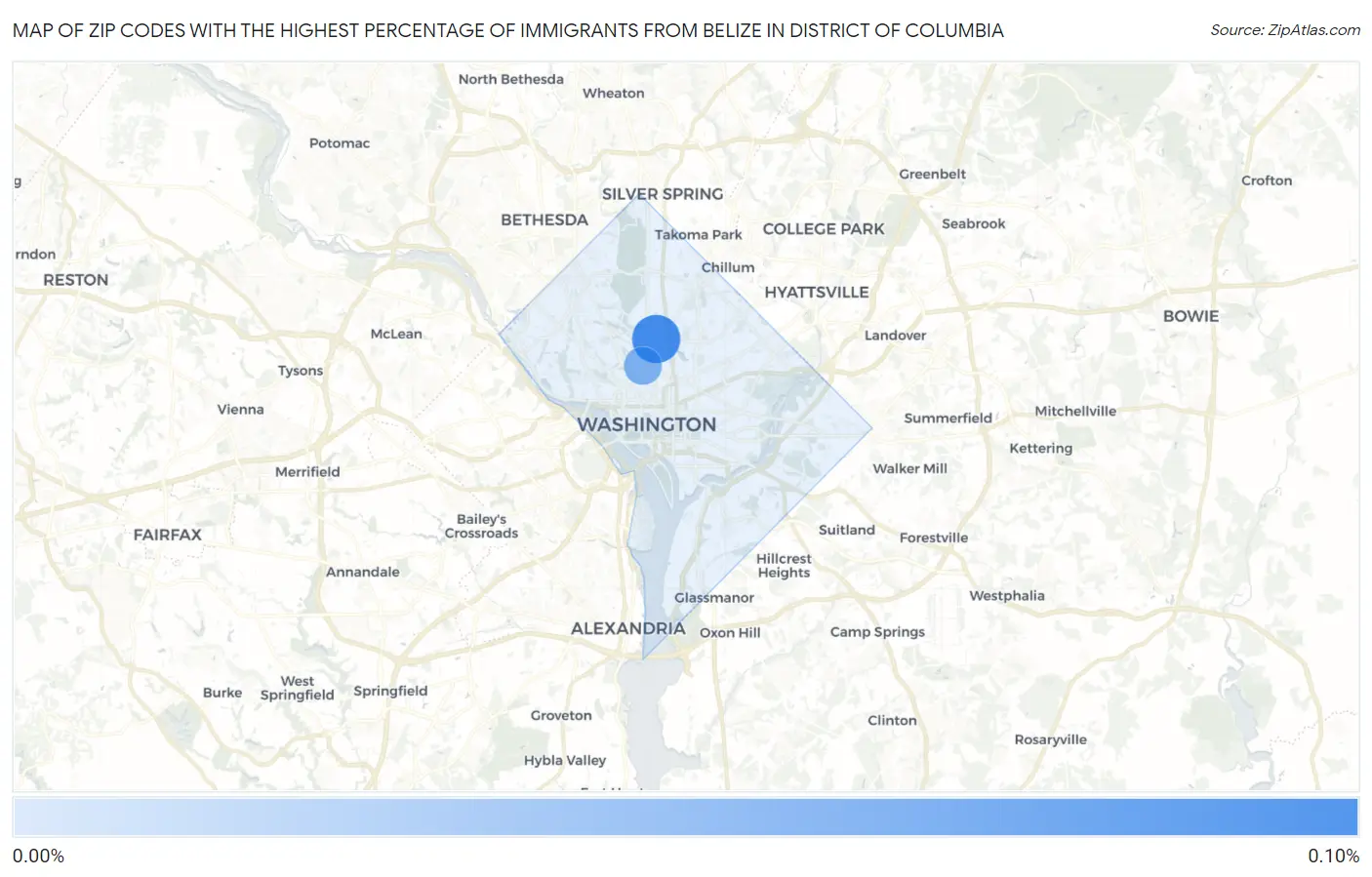 Zip Codes with the Highest Percentage of Immigrants from Belize in District Of Columbia Map