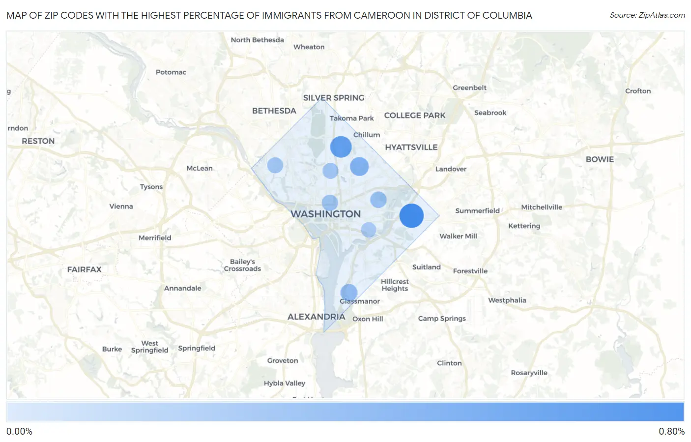 Zip Codes with the Highest Percentage of Immigrants from Cameroon in District Of Columbia Map