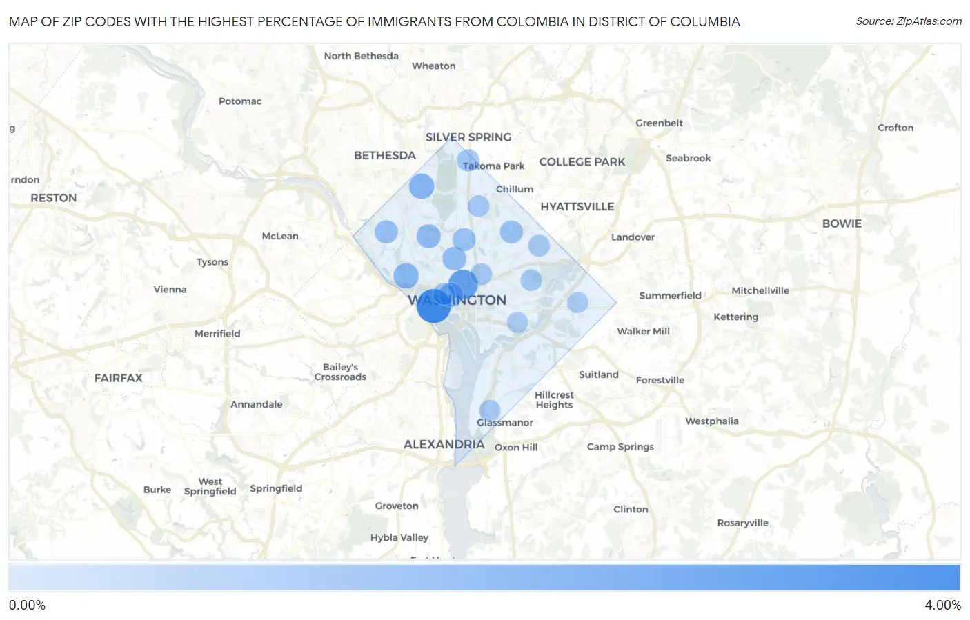 Zip Codes with the Highest Percentage of Immigrants from Colombia in District Of Columbia Map