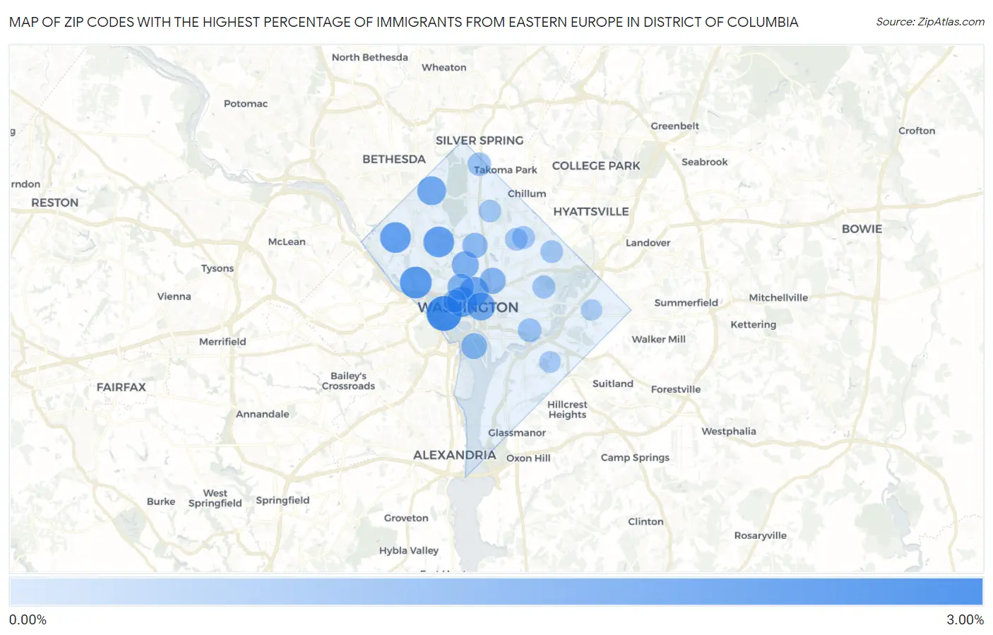Zip Codes with the Highest Percentage of Immigrants from Eastern Europe in District Of Columbia Map