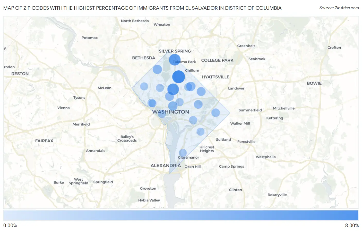 Zip Codes with the Highest Percentage of Immigrants from El Salvador in District Of Columbia Map