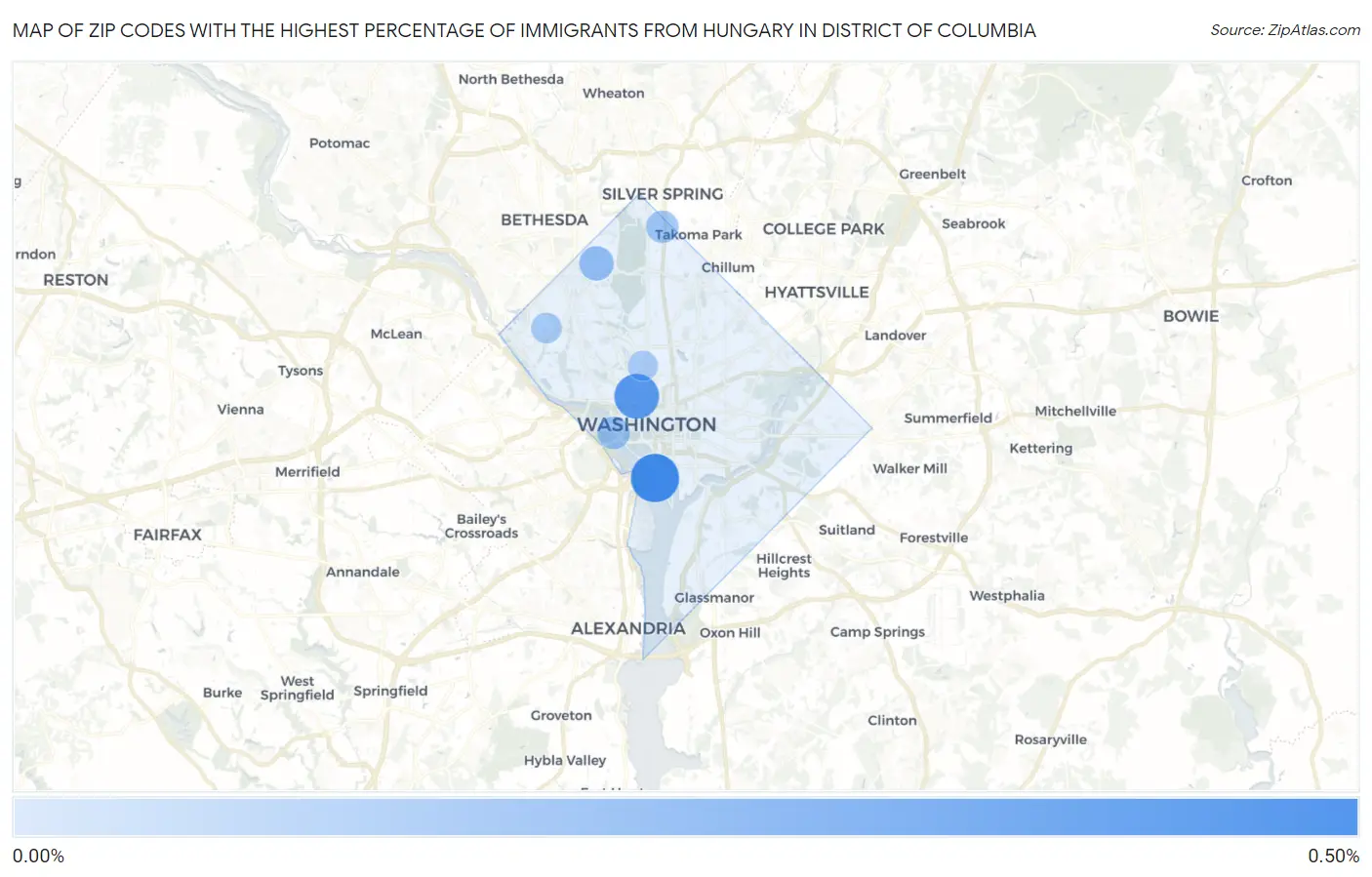 Zip Codes with the Highest Percentage of Immigrants from Hungary in District Of Columbia Map