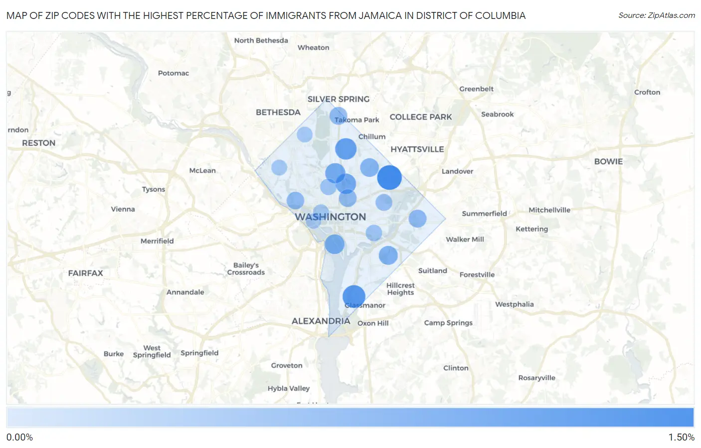 Zip Codes with the Highest Percentage of Immigrants from Jamaica in District Of Columbia Map