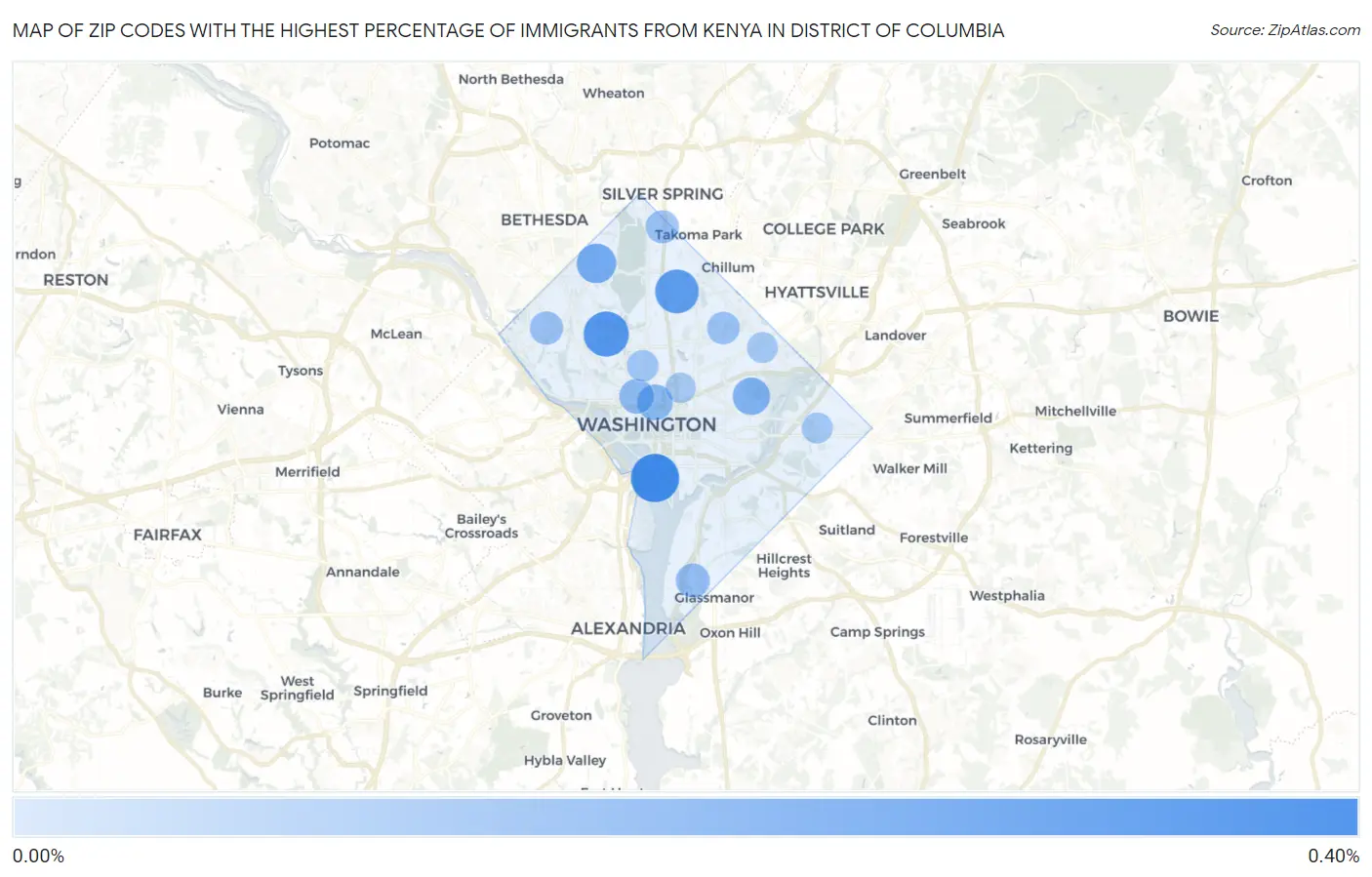 Zip Codes with the Highest Percentage of Immigrants from Kenya in District Of Columbia Map