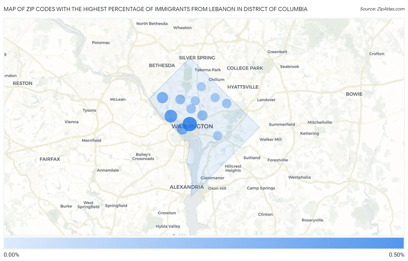 Zip Codes with the Highest Percentage of Immigrants from Lebanon in District Of Columbia Map