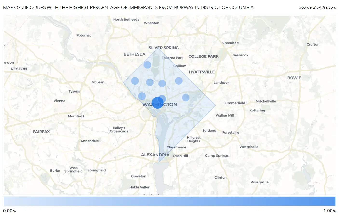 Zip Codes with the Highest Percentage of Immigrants from Norway in District Of Columbia Map