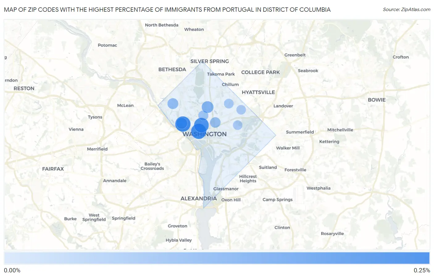 Zip Codes with the Highest Percentage of Immigrants from Portugal in District Of Columbia Map