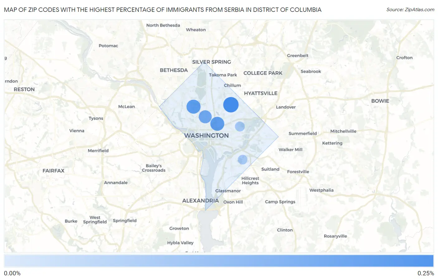 Zip Codes with the Highest Percentage of Immigrants from Serbia in District Of Columbia Map