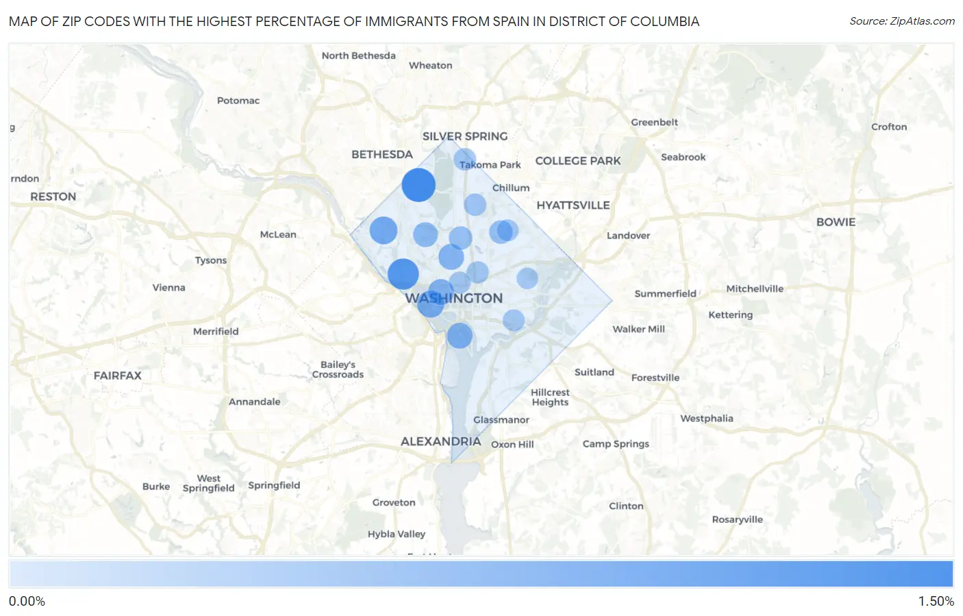 Zip Codes with the Highest Percentage of Immigrants from Spain in District Of Columbia Map