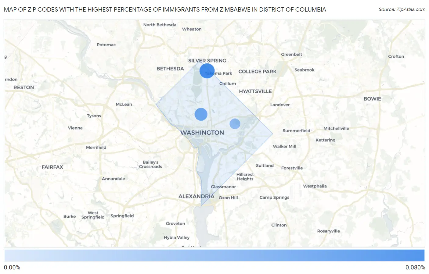 Zip Codes with the Highest Percentage of Immigrants from Zimbabwe in District Of Columbia Map