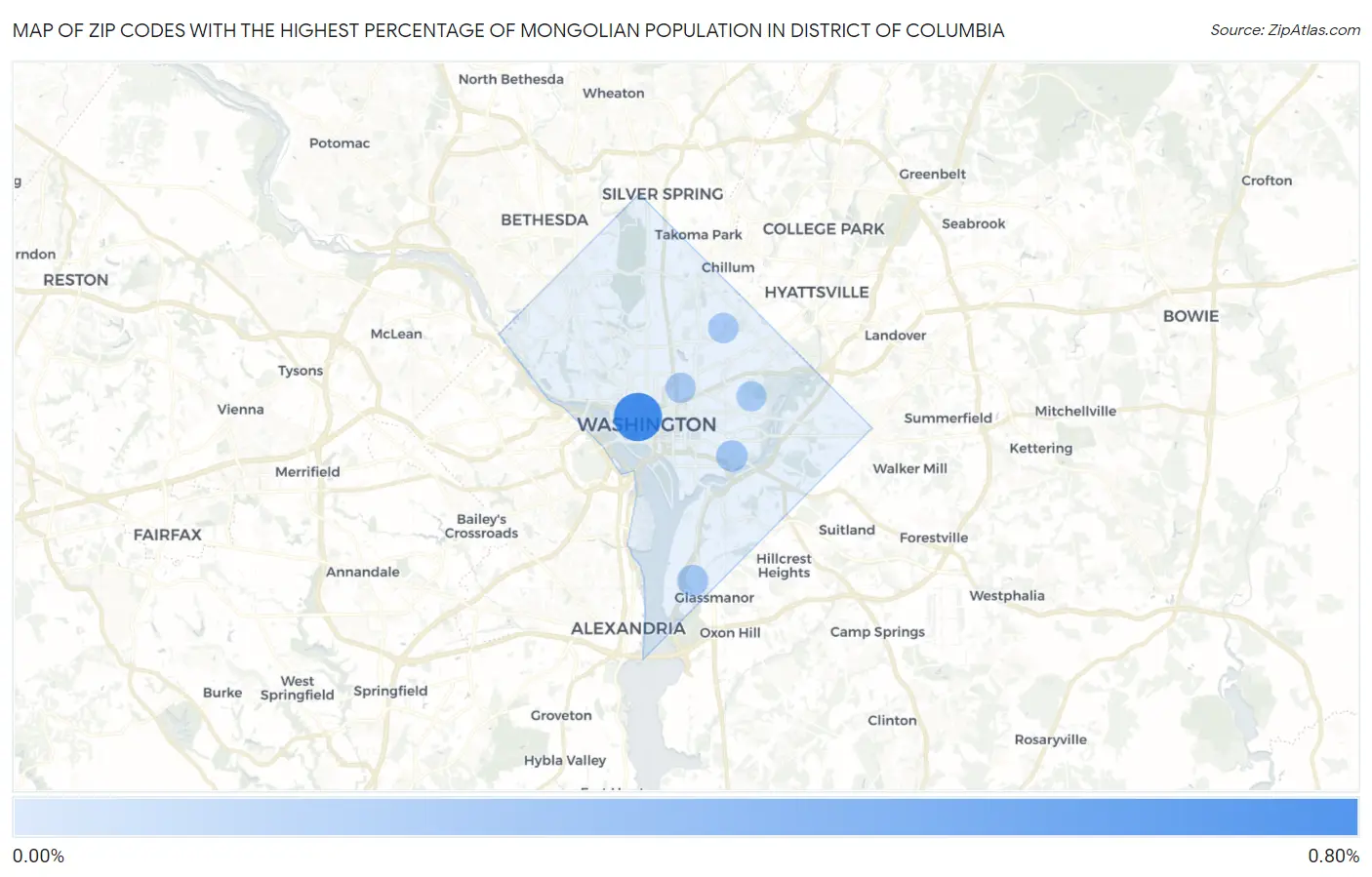 Zip Codes with the Highest Percentage of Mongolian Population in District Of Columbia Map