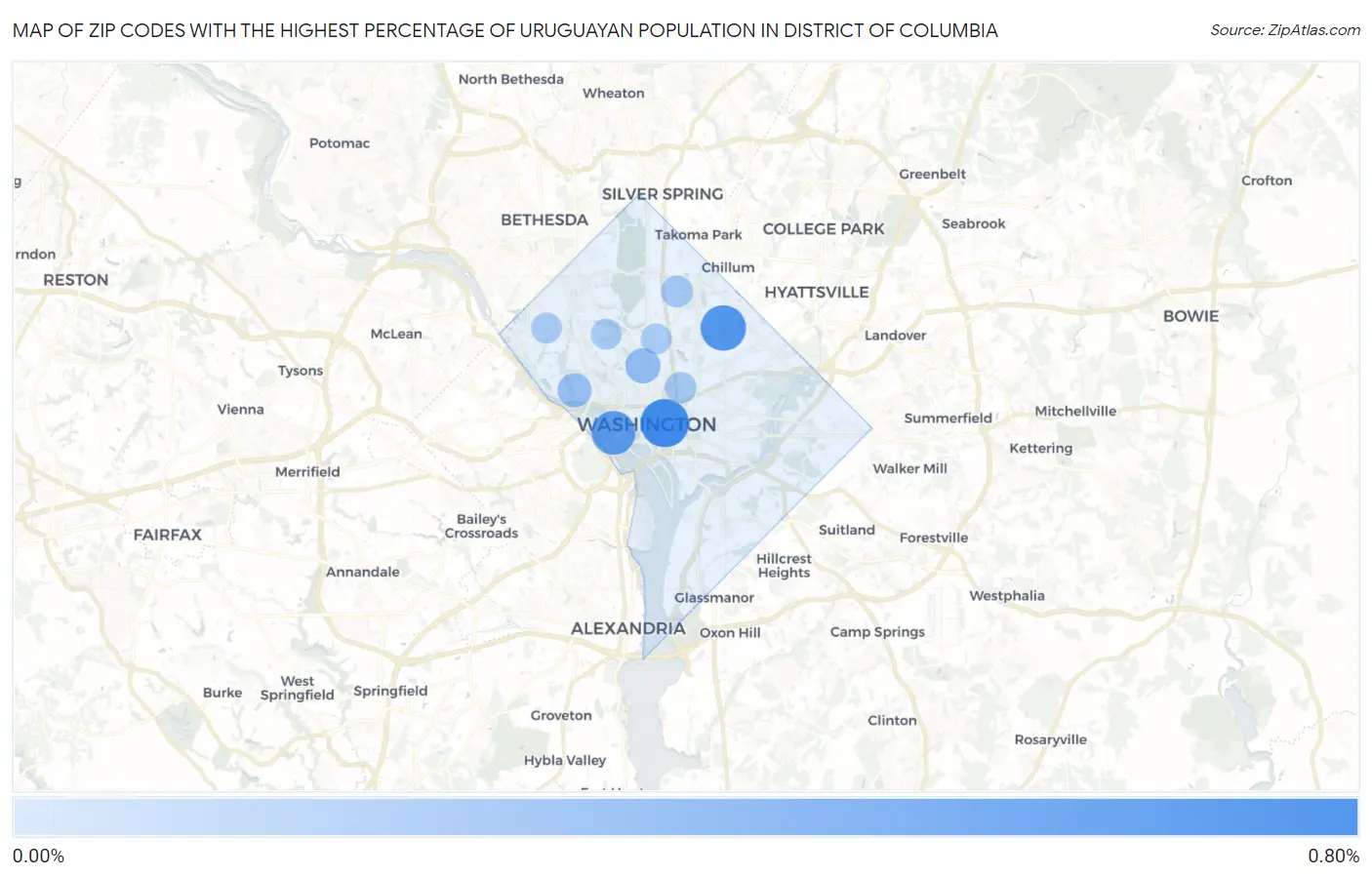 Zip Codes with the Highest Percentage of Uruguayan Population in District Of Columbia Map