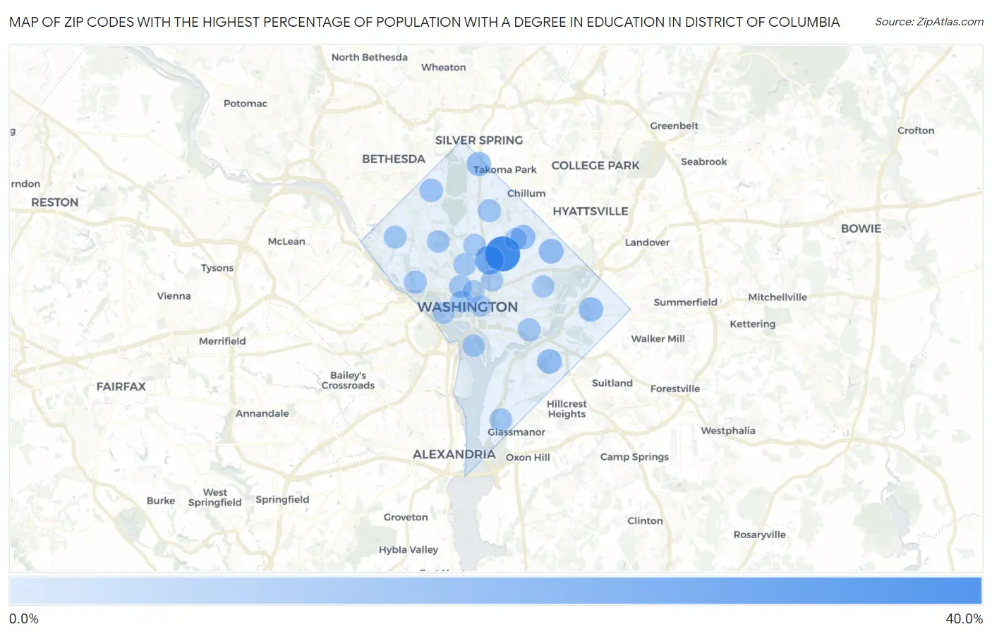 Zip Codes with the Highest Percentage of Population with a Degree in Education in District Of Columbia Map