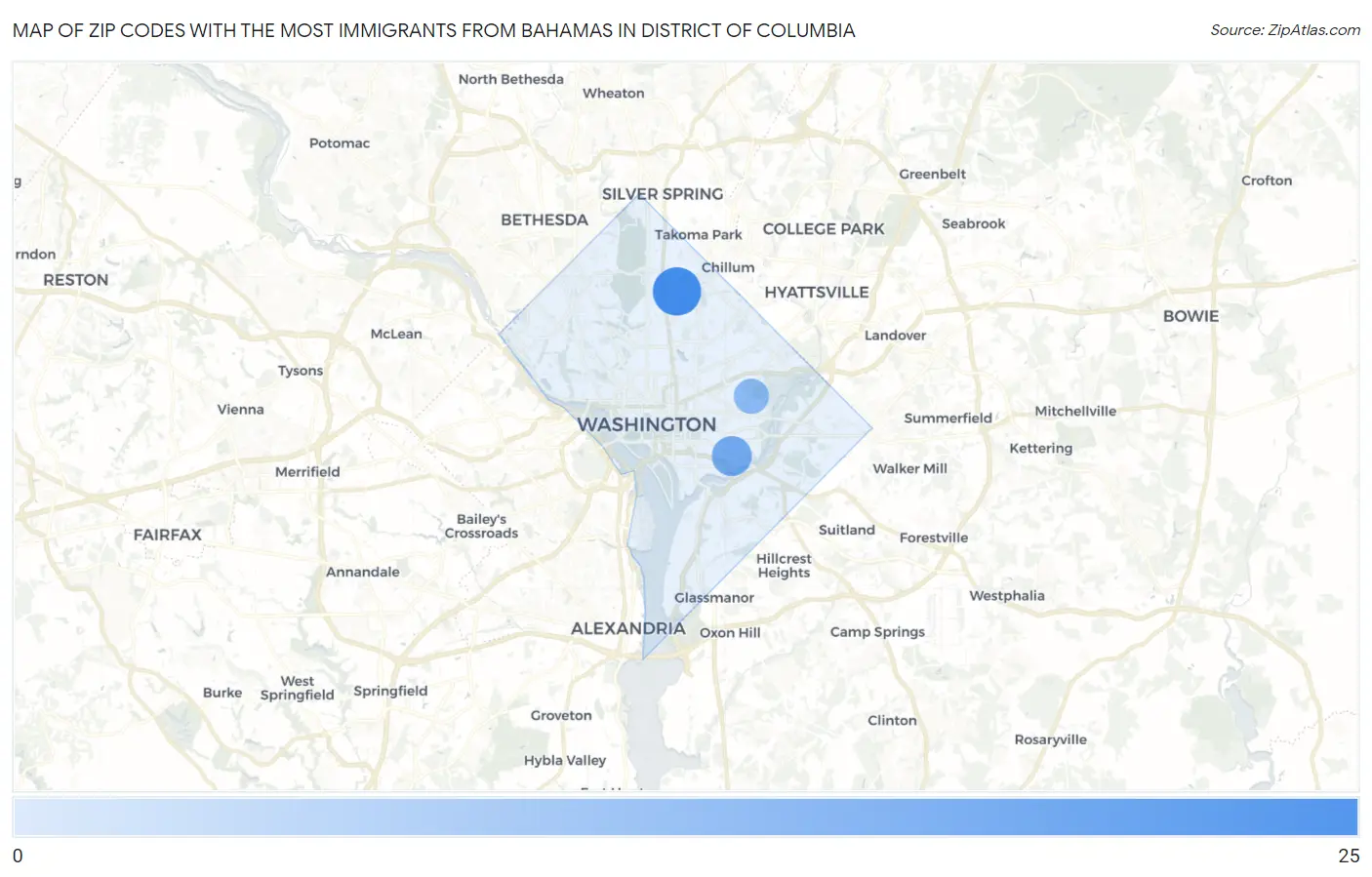 Zip Codes with the Most Immigrants from Bahamas in District Of Columbia Map