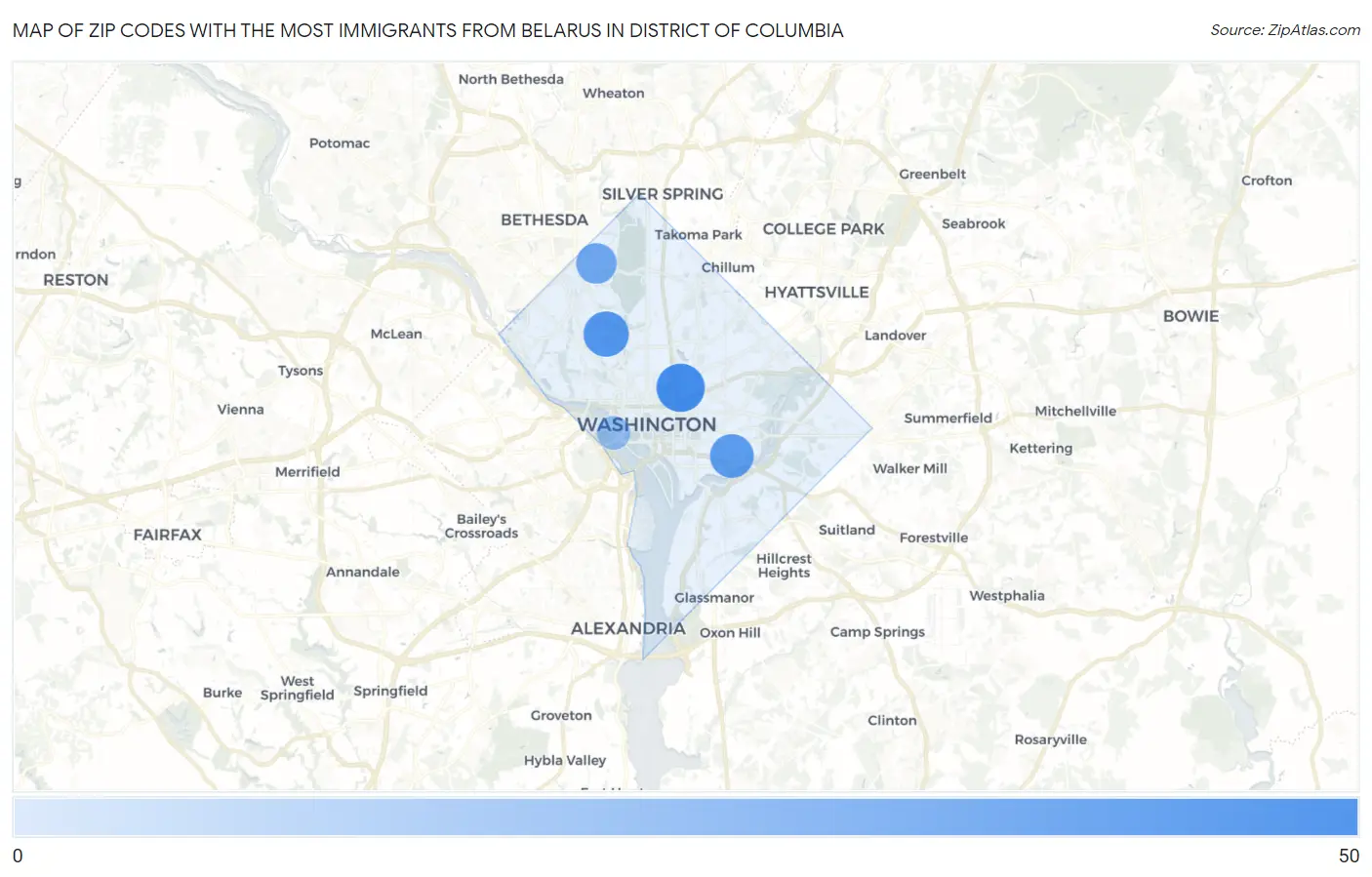Zip Codes with the Most Immigrants from Belarus in District Of Columbia Map