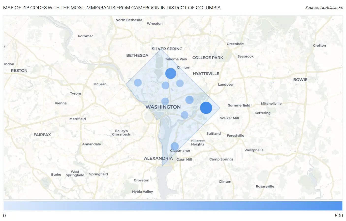 Zip Codes with the Most Immigrants from Cameroon in District Of Columbia Map