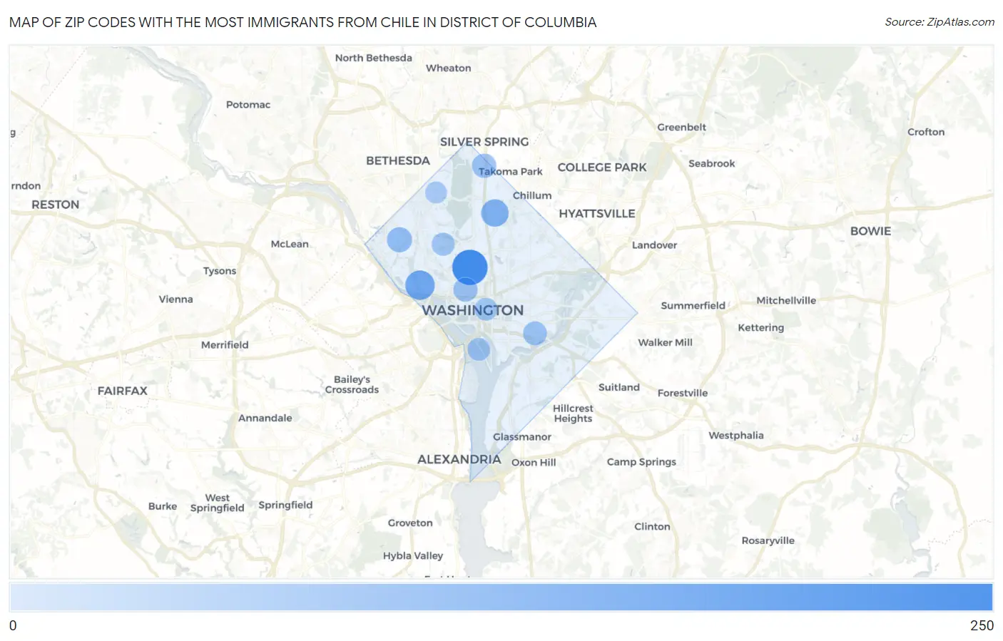 Zip Codes with the Most Immigrants from Chile in District Of Columbia Map