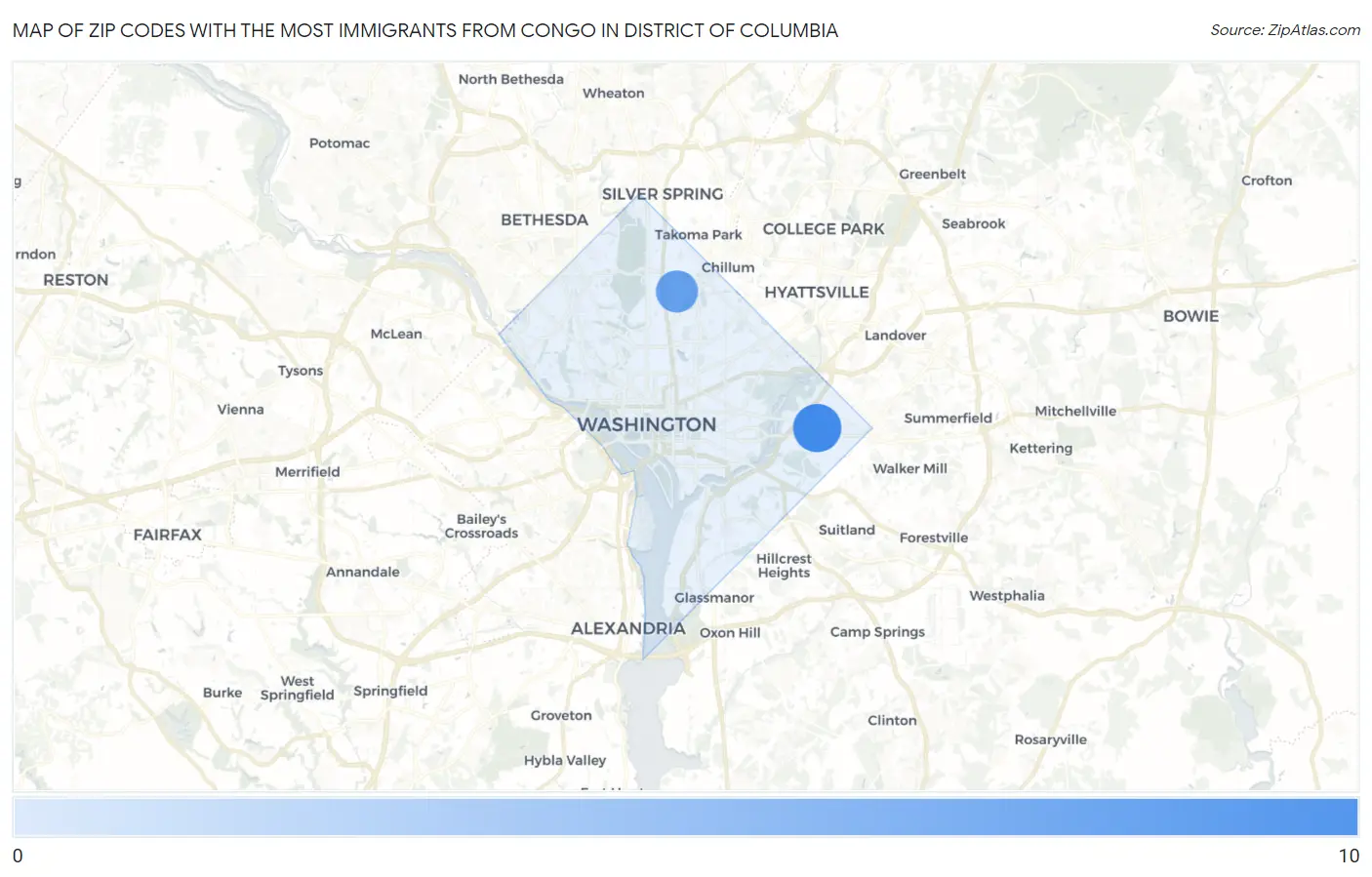 Zip Codes with the Most Immigrants from Congo in District Of Columbia Map