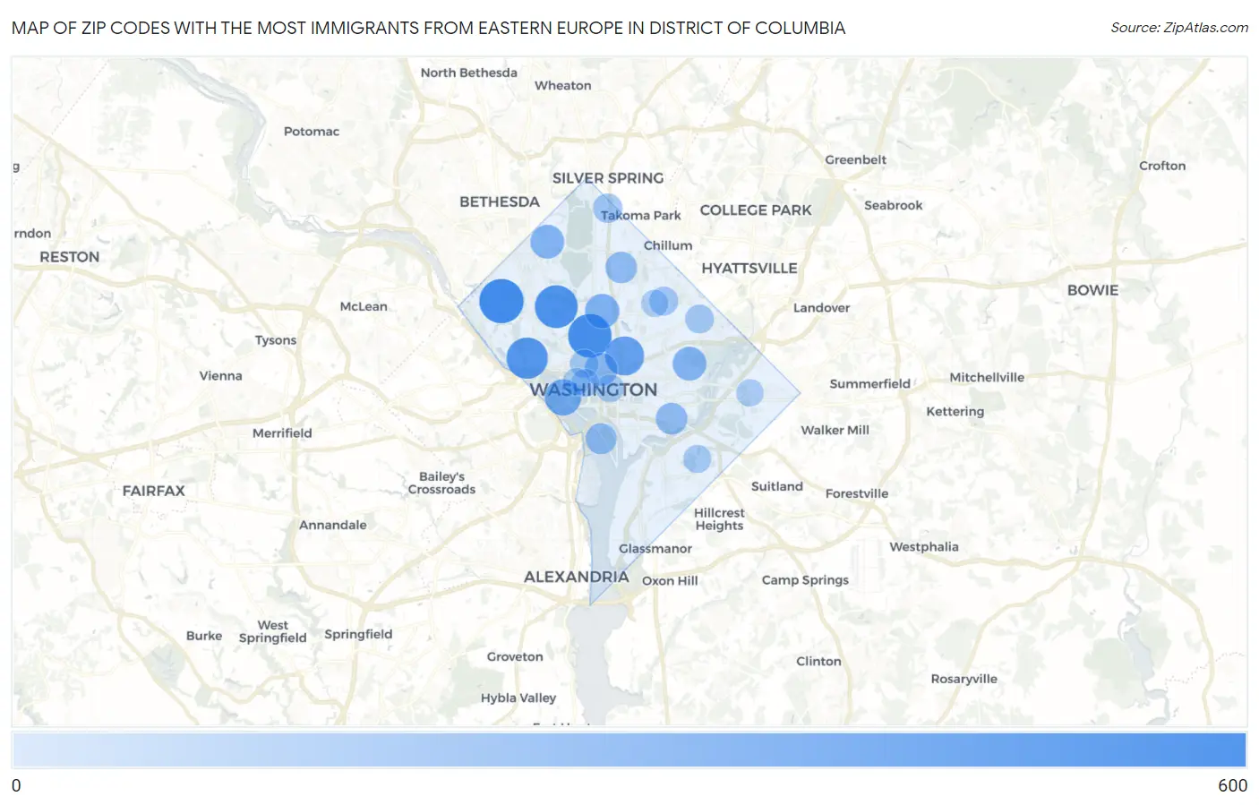 Zip Codes with the Most Immigrants from Eastern Europe in District Of Columbia Map