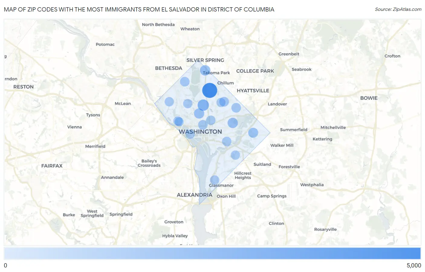 Zip Codes with the Most Immigrants from El Salvador in District Of Columbia Map