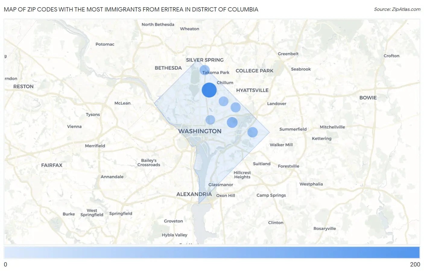 Zip Codes with the Most Immigrants from Eritrea in District Of Columbia Map