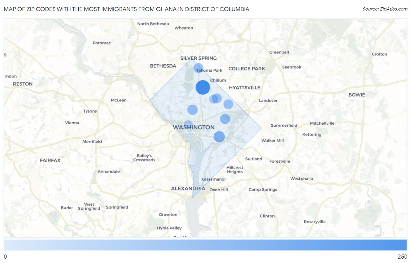 Zip Codes with the Most Immigrants from Ghana in District Of Columbia Map