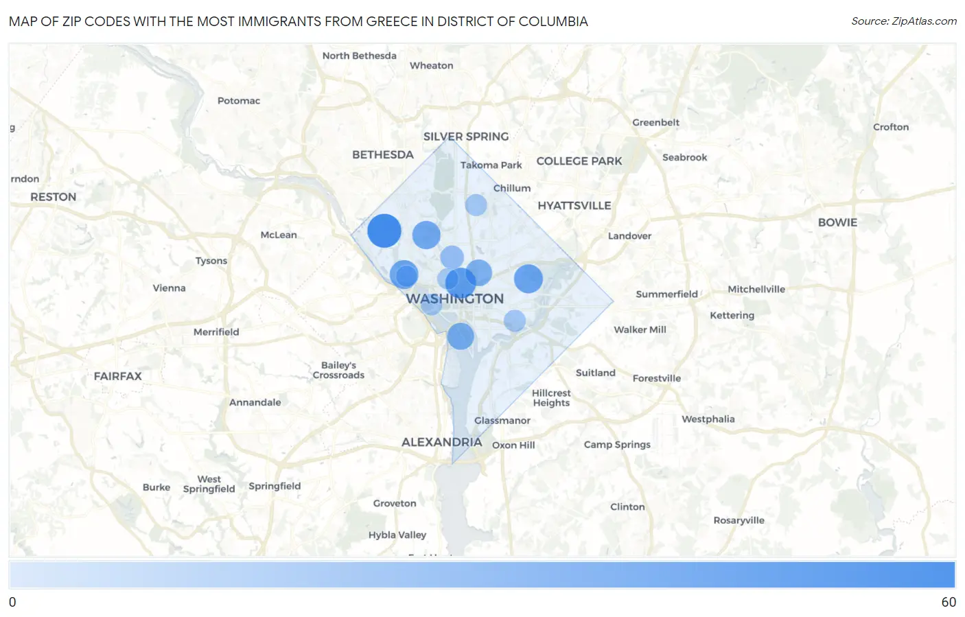 Zip Codes with the Most Immigrants from Greece in District Of Columbia Map