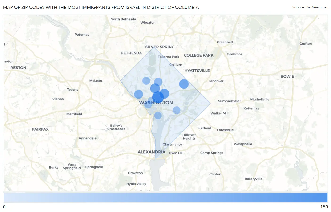 Zip Codes with the Most Immigrants from Israel in District Of Columbia Map
