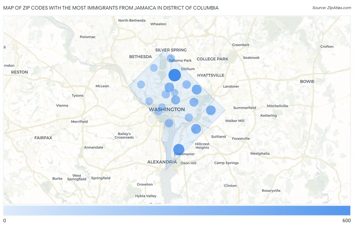 Zip Codes with the Most Immigrants from Jamaica in District Of Columbia Map