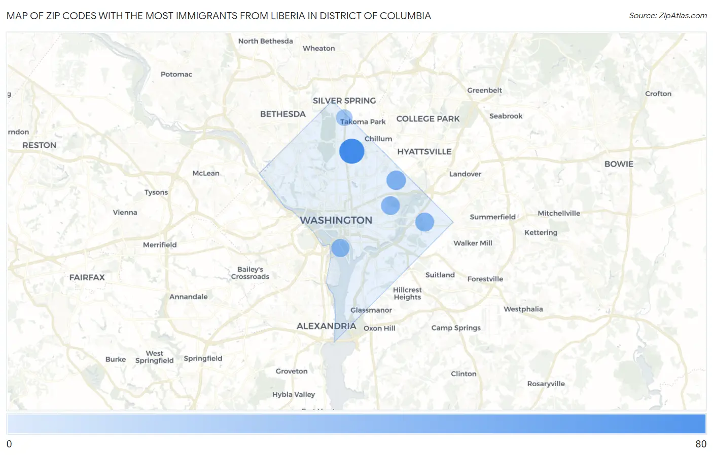 Zip Codes with the Most Immigrants from Liberia in District Of Columbia Map