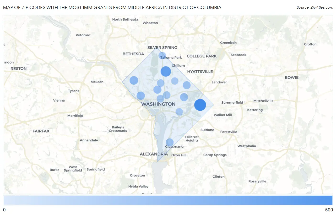 Zip Codes with the Most Immigrants from Middle Africa in District Of Columbia Map