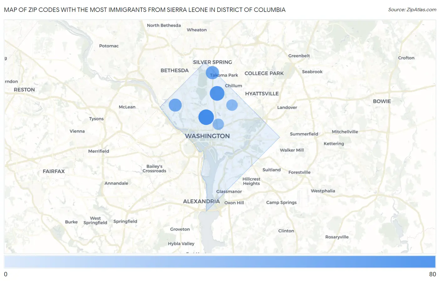 Zip Codes with the Most Immigrants from Sierra Leone in District Of Columbia Map