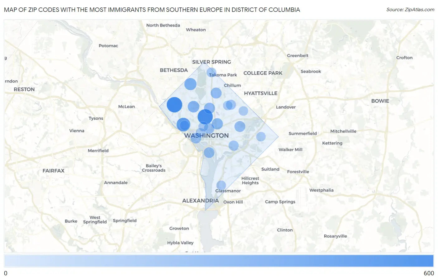 Zip Codes with the Most Immigrants from Southern Europe in District Of Columbia Map
