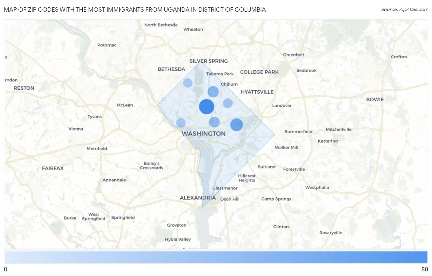 Zip Codes with the Most Immigrants from Uganda in District Of Columbia Map